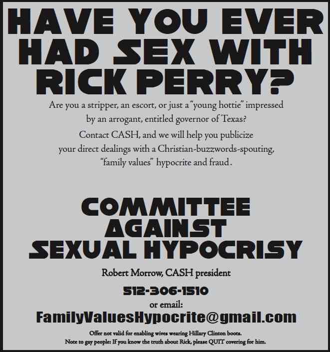 Read more about the article Full-Page Ad in Austin Chronicle Seeks Strippers, Escorts and Hotties That Have Slept With Texas Gov. Rick Perry